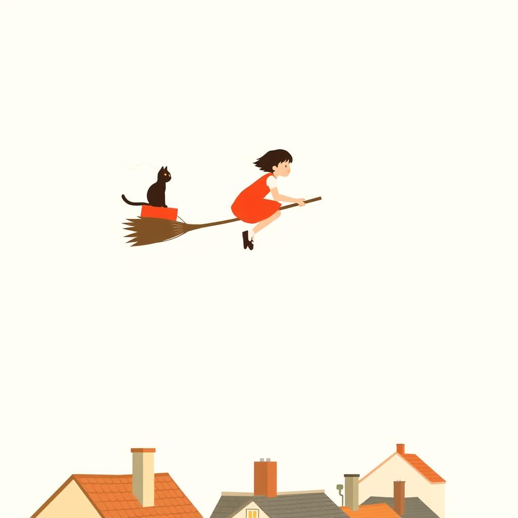 A minimalistic poster inspired by Kiki's Delivery Service, featuring a simple silhouette of Kiki riding her broomstick high above the quaint seaside town