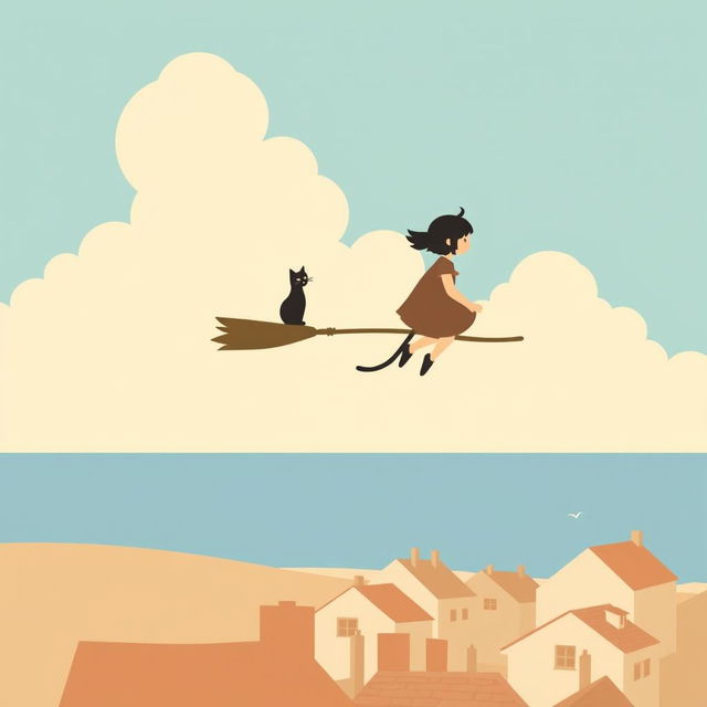 A minimalistic poster inspired by Kiki's Delivery Service, featuring a simple silhouette of Kiki riding her broomstick high above the quaint seaside town