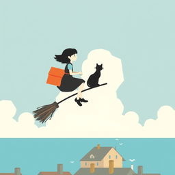 A minimalistic poster inspired by Kiki's Delivery Service, featuring a simple silhouette of Kiki riding her broomstick high above the quaint seaside town