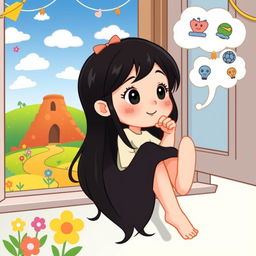 A charming cartoon illustration of a young girl with black hair, sitting on her windowsill with a whimsical backdrop