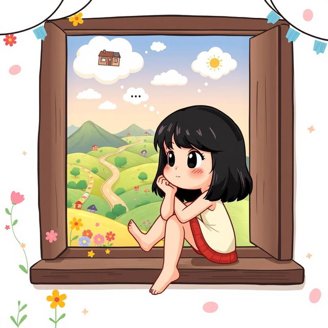 A charming cartoon illustration of a young girl with black hair, sitting on her windowsill with a whimsical backdrop