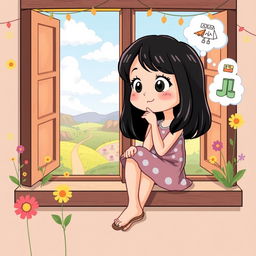 A charming cartoon illustration of a young girl with black hair, sitting on her windowsill with a whimsical backdrop