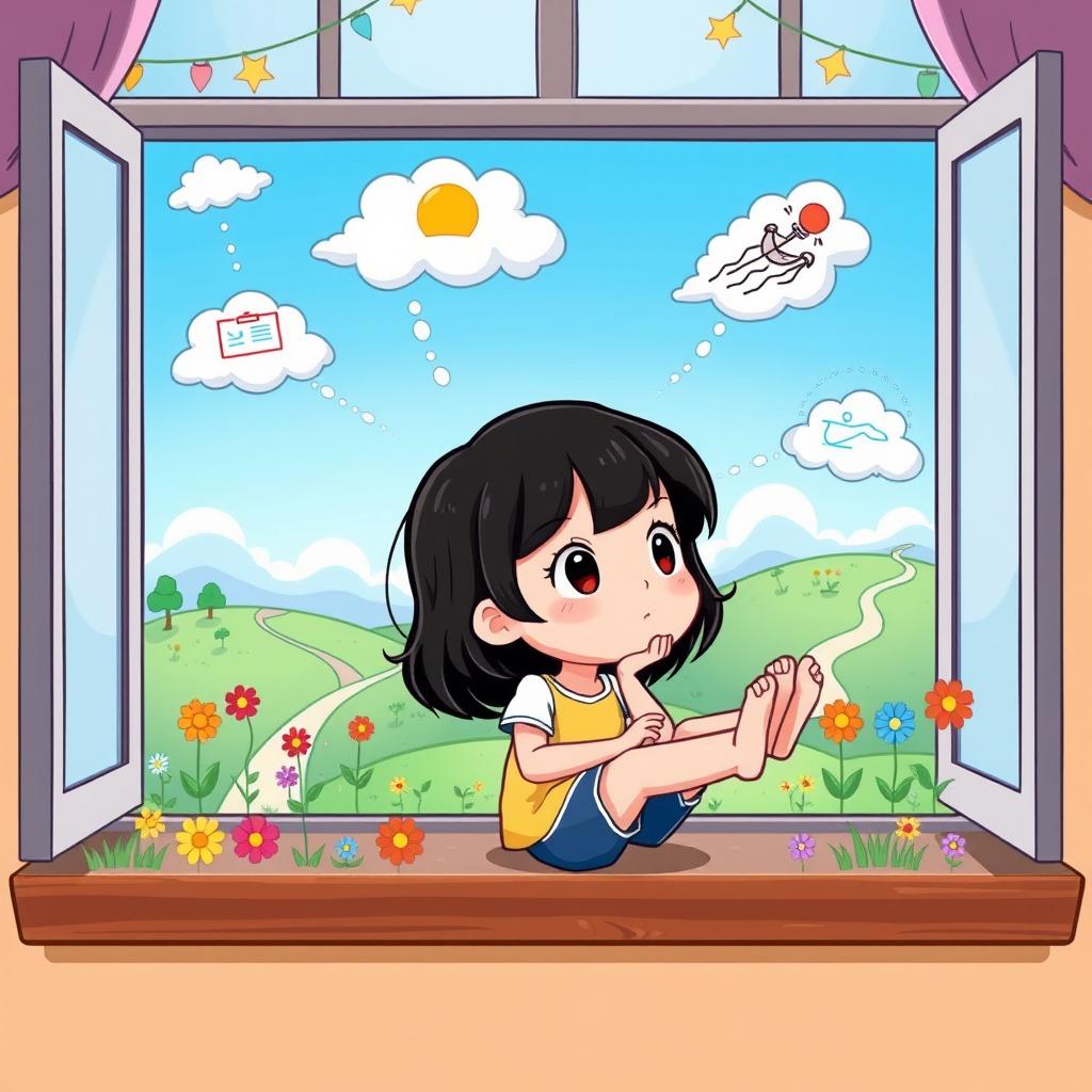 A charming cartoon illustration of a young girl with black hair, sitting on her windowsill with a whimsical backdrop