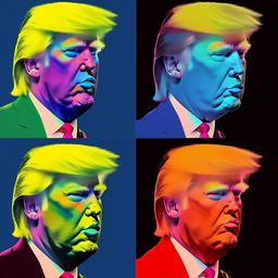 An Andy Warhol-inspired depiction of Donald Trump: four quadrants with different color schemes, highlighting pop-art aesthetic without any political implications.