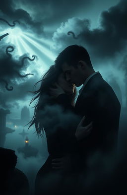 A captivating scene blending elements of thriller and romantic themes set in a fantasy void