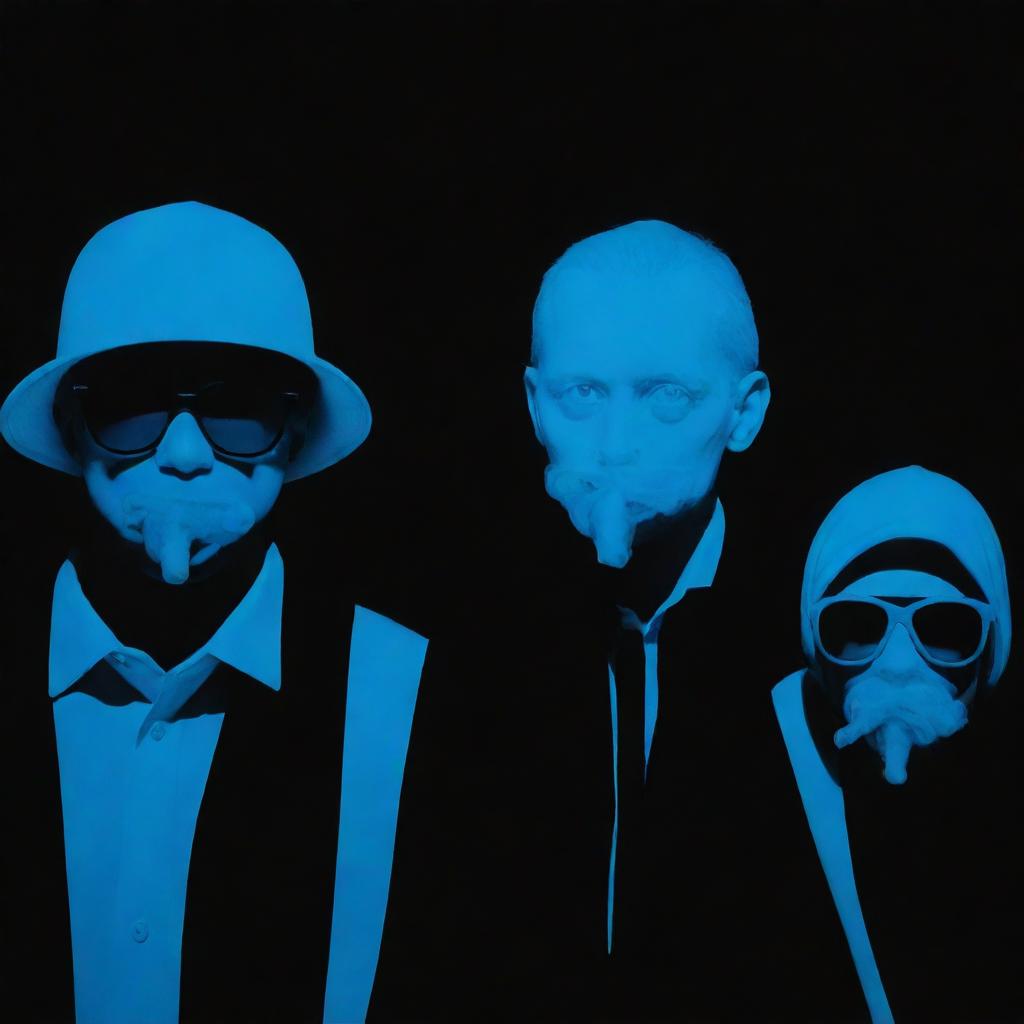 Stylish and mysterious characters shrouded in bright, blue gas, seen in a close-up, presented against a pitch-black background, all created in a clear, neo-pop art style.