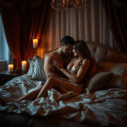 A sensual scene in a dimly lit, elegant bedroom, featuring two adults closely intertwined on an opulent bed, surrounded by silk sheets and soft, glowing candlelight
