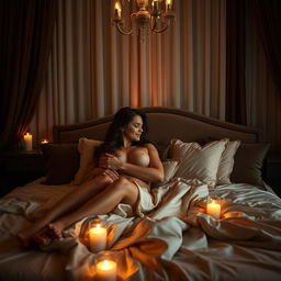 A sensual scene in a dimly lit, elegant bedroom, featuring two adults closely intertwined on an opulent bed, surrounded by silk sheets and soft, glowing candlelight
