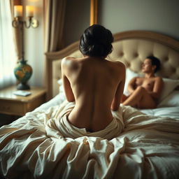 A sophisticated and artistic image of Ruhi Singh in a graceful pose, with her bare back turned to the viewer as she reclines on an opulent bed
