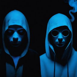 Stylish and mysterious characters shrouded in bright, blue gas, seen in a close-up, presented against a pitch-black background, all created in a clear, neo-pop art style.