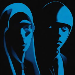 Stylish and mysterious characters shrouded in bright, blue gas, seen in a close-up, presented against a pitch-black background, all created in a clear, neo-pop art style.