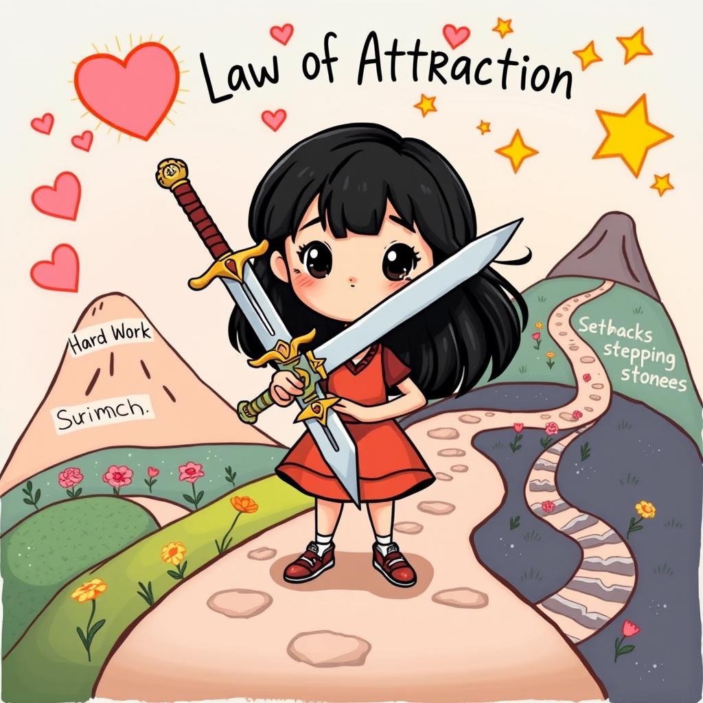 A whimsical cartoon illustration featuring a young girl with black hair confidently wielding a large, decorative sword