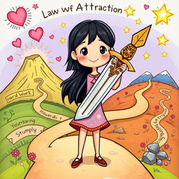 A whimsical cartoon illustration featuring a young girl with black hair confidently wielding a large, decorative sword