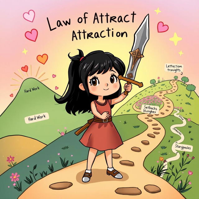 A whimsical cartoon illustration featuring a young girl with black hair confidently wielding a large, decorative sword