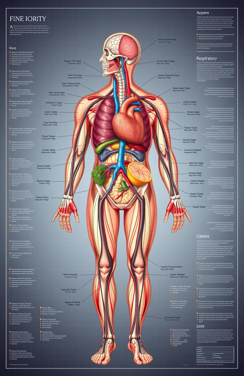 An intricate and detailed illustration of the human anatomy, highlighting major organs such as the heart, lungs, brain, and muscles