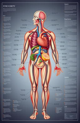 An intricate and detailed illustration of the human anatomy, highlighting major organs such as the heart, lungs, brain, and muscles