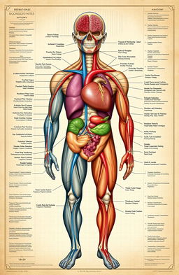 An intricate and detailed illustration of the human anatomy, highlighting major organs such as the heart, lungs, brain, and muscles