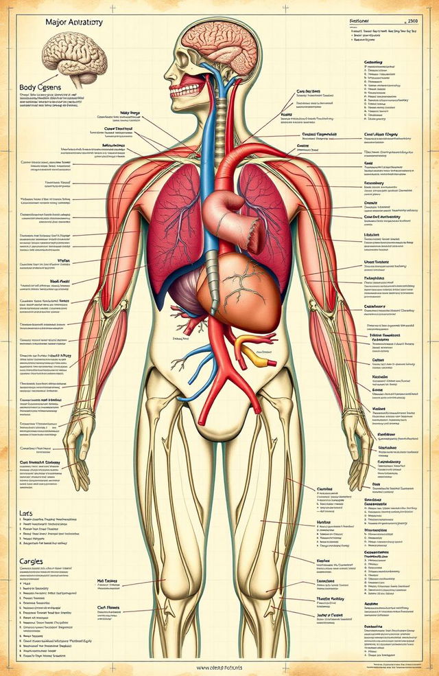 An intricate and detailed illustration of the human anatomy, highlighting major organs such as the heart, lungs, brain, and muscles