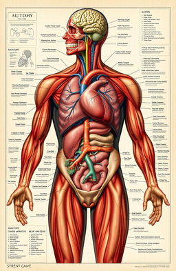 An intricate and detailed illustration of the human anatomy, highlighting major organs such as the heart, lungs, brain, and muscles