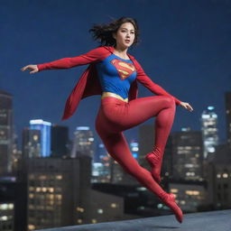 Anime style, dynamic superlady leaping towards the camera from a city rooftop at night. Low angle, emphasizing heroism. Dramatic lighting with a focus on sharp, clean lines and vibrant colors.