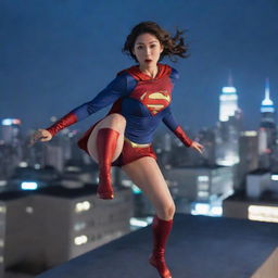 Anime style, dynamic superlady leaping towards the camera from a city rooftop at night. Low angle, emphasizing heroism. Dramatic lighting with a focus on sharp, clean lines and vibrant colors.