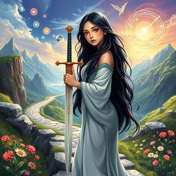 A realistic illustration of a young woman with long black hair, holding a beautifully crafted sword, symbolizing her strength to face life’s challenges