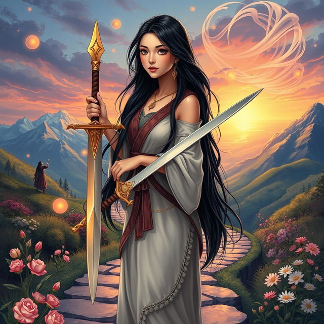 A realistic illustration of a young woman with long black hair, holding a beautifully crafted sword, symbolizing her strength to face life’s challenges