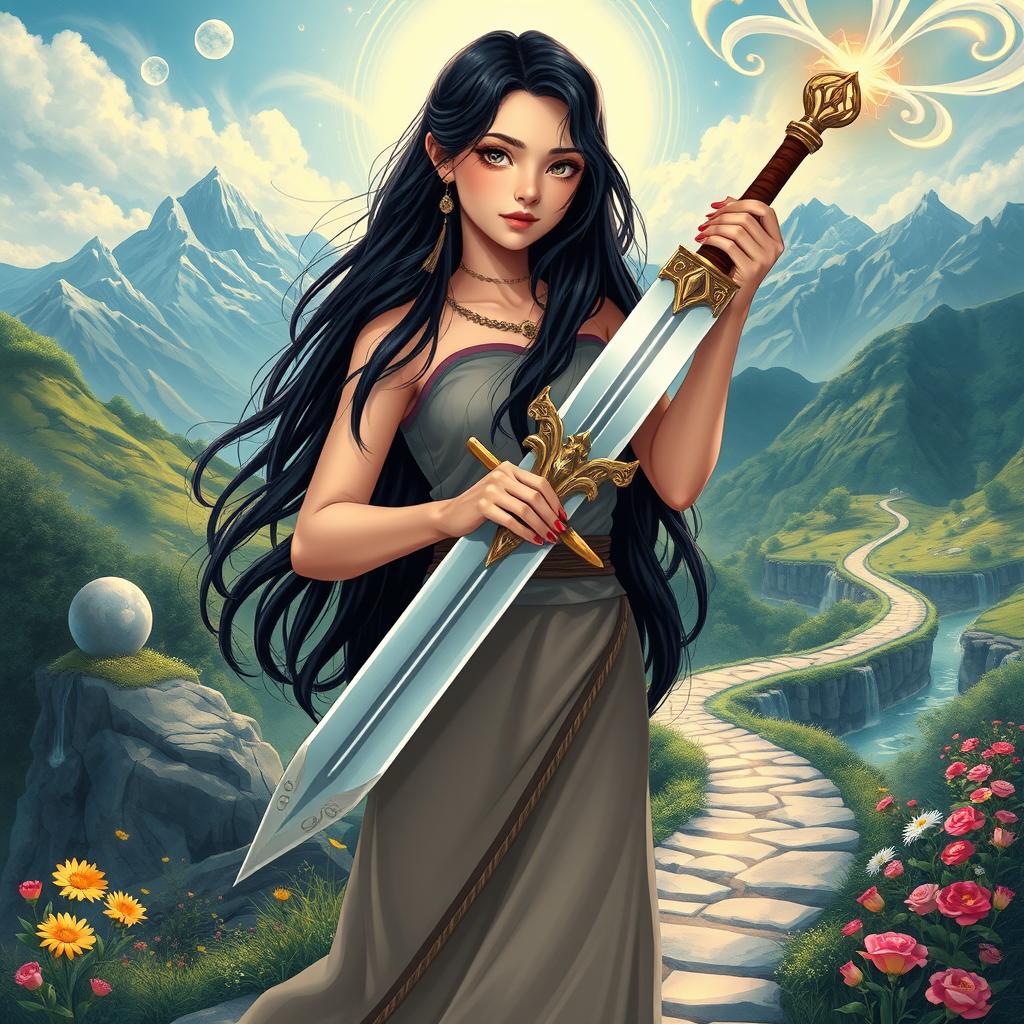 A realistic illustration of a young woman with long black hair, holding a beautifully crafted sword, symbolizing her strength to face life’s challenges