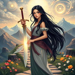 A realistic illustration of a young woman with long black hair, holding a beautifully crafted sword, symbolizing her strength to face life’s challenges