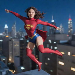 Anime style, dynamic superlady leaping towards the camera from a city rooftop at night. Low angle, emphasizing heroism. Dramatic lighting with a focus on sharp, clean lines and vibrant colors.