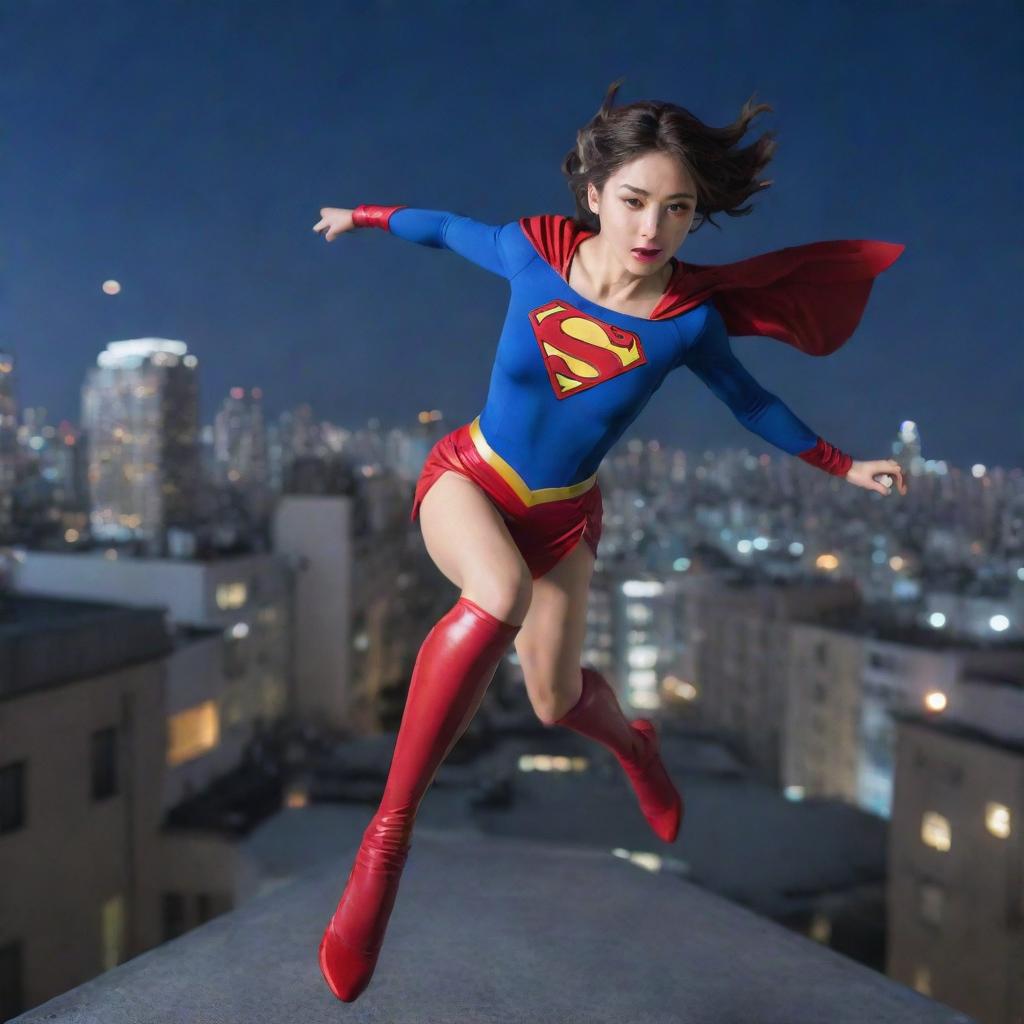 Anime style, dynamic superlady leaping towards the camera from a city rooftop at night. Low angle, emphasizing heroism. Dramatic lighting with a focus on sharp, clean lines and vibrant colors.