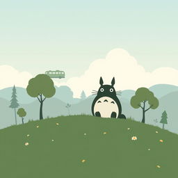 A minimalistic poster inspired by My Neighbor Totoro featuring a simple silhouette of Totoro seated on a grassy hill, surrounded by iconic forest elements like small trees and blooming flowers