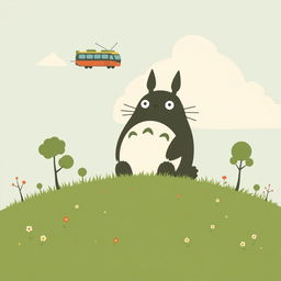 A minimalistic poster inspired by My Neighbor Totoro featuring a simple silhouette of Totoro seated on a grassy hill, surrounded by iconic forest elements like small trees and blooming flowers