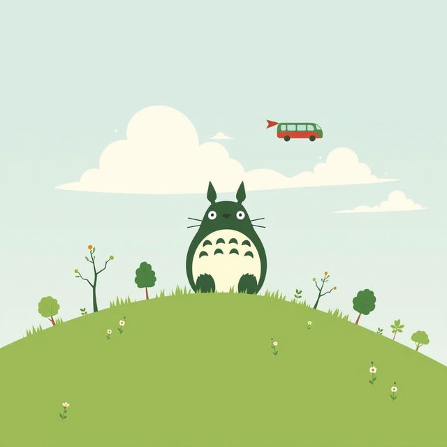 A minimalistic poster inspired by My Neighbor Totoro featuring a simple silhouette of Totoro seated on a grassy hill, surrounded by iconic forest elements like small trees and blooming flowers