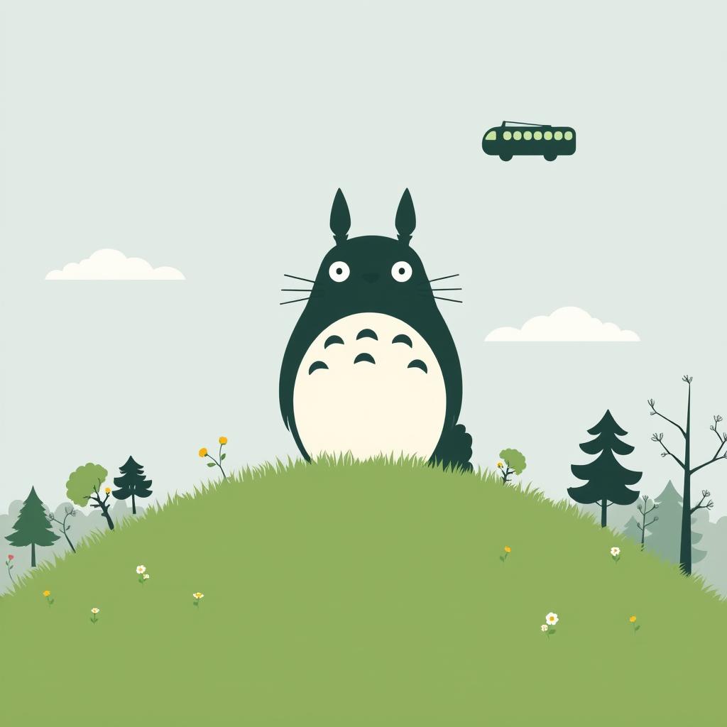 A minimalistic poster inspired by My Neighbor Totoro featuring a simple silhouette of Totoro seated on a grassy hill, surrounded by iconic forest elements like small trees and blooming flowers