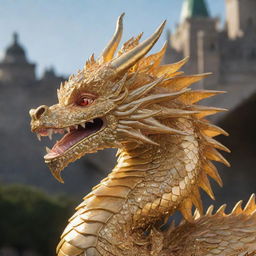 A majestic golden dragon coiled around a grand, jewel-encrusted crown. The dragon's scales shimmering in the sunlight with the crown's jewels glistening against it.