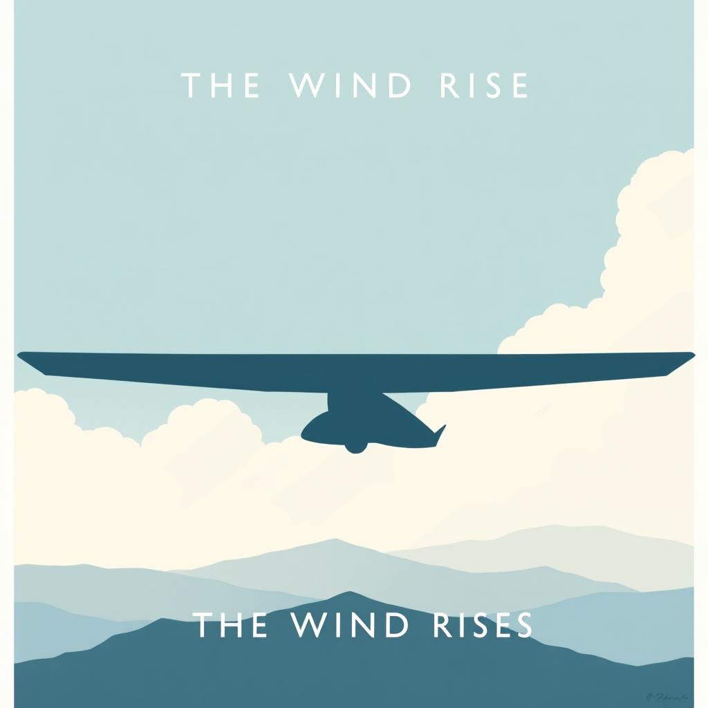 A minimalistic poster inspired by The Wind Rises, featuring a sleek silhouette of Jiro's airplane soaring through a minimalist sky