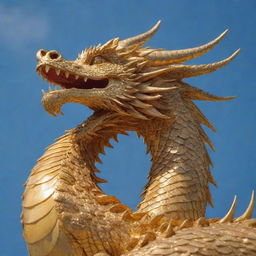 A majestic golden dragon coiled around a grand, jewel-encrusted crown. The dragon's scales shimmering in the sunlight with the crown's jewels glistening against it.