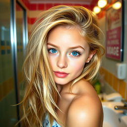 An 18-year-old sexy girl with cute features and flowing blonde hair, playfully positioned in a school bathroom