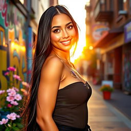 A stunning 22-year-old woman with long, flowing black hair, captivating dark brown eyes, and a radiant smile