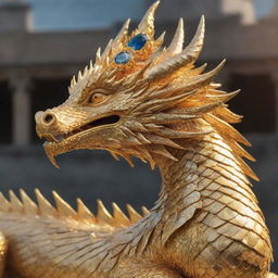 A majestic golden dragon coiled around a grand, jewel-encrusted crown. The dragon's scales shimmering in the sunlight with the crown's jewels glistening against it.