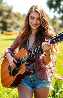 A stunning young woman with vibrant, beautiful eyes passionately playing an acoustic guitar