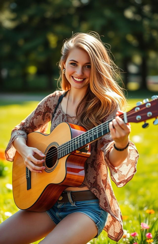 A stunning young woman with vibrant, beautiful eyes passionately playing an acoustic guitar