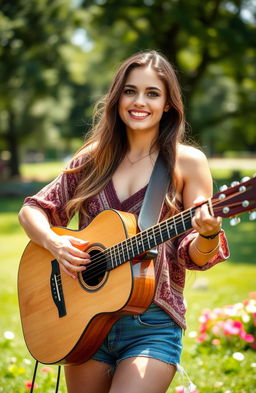 A stunning young woman with vibrant, beautiful eyes passionately playing an acoustic guitar