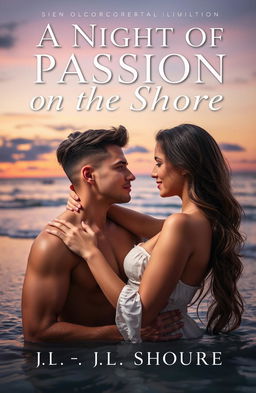 A captivating book cover titled 'A Night of Passion on the Shore', featuring a masculine woman and a feminine woman deeply in love
