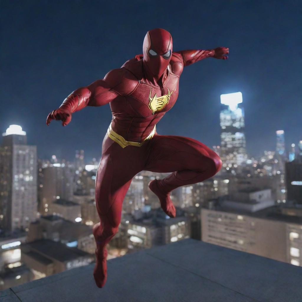 Anime style, dynamic superhero leaping towards the camera from a city rooftop at night. Low angle, emphasizing heroism. Dramatic lighting with a focus on sharp, clean lines and vibrant colors.