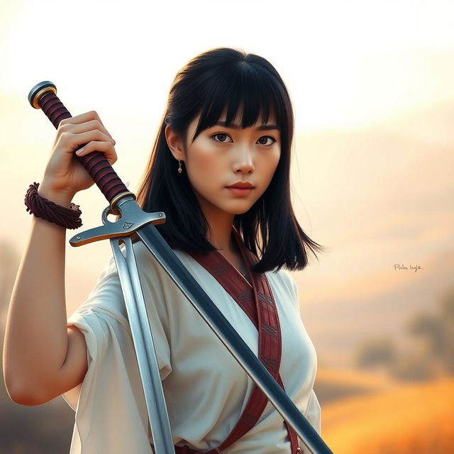 A realistic portrait of a young woman with mid-sized black hair, confidently holding a beautifully crafted sword