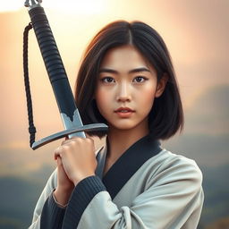 A realistic portrait of a young woman with mid-sized black hair, confidently holding a beautifully crafted sword