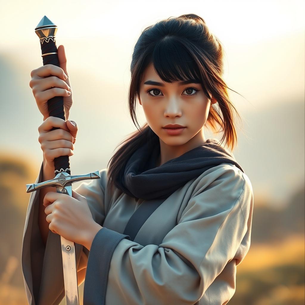 A realistic portrait of a young woman with mid-sized black hair, confidently holding a beautifully crafted sword