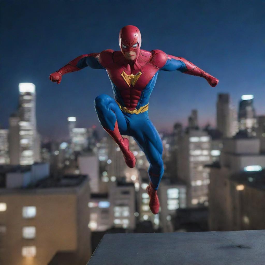 Anime style, dynamic superhero leaping towards the camera from a city rooftop at night. Low angle, emphasizing heroism. Dramatic lighting with a focus on sharp, clean lines and vibrant colors.